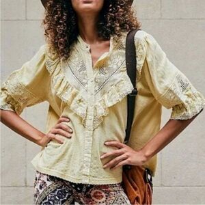 Free People Yellow Lace Trim Blouse
